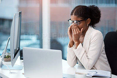 Buy stock photo Stress, anxiety and worry with a young business woman suffering from a headache, migraine or burnout. A corporate professional feeling the pressure of deadlines and struggling with mental fatigue
