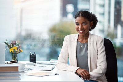 Buy stock photo Office, happy and portrait of business woman at desk working on project, planning and research. Corporate worker, insurance consultant and person with confidence, company pride and smile in office