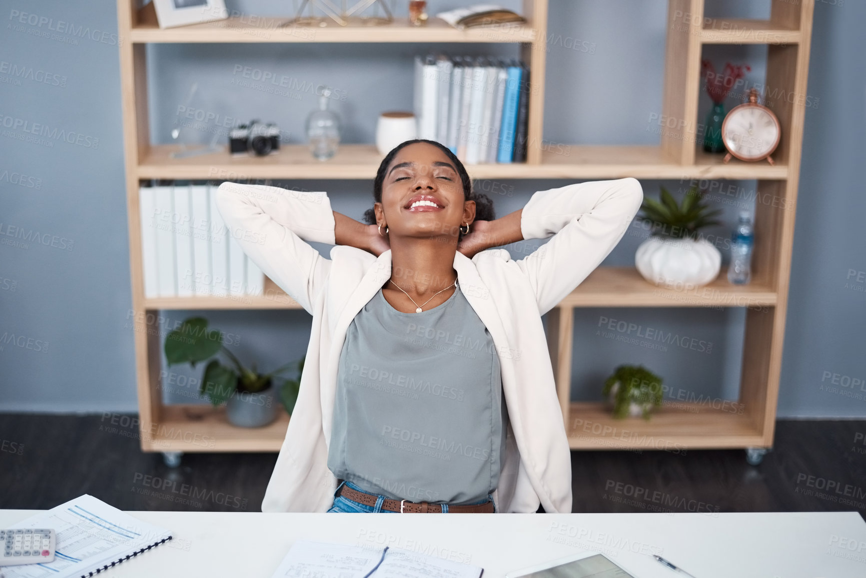 Buy stock photo Business, stretching and black woman at desk with smile, satisfaction and achievement for financial project. Relax, success and happy consultant in office with deal, growth or development at agency