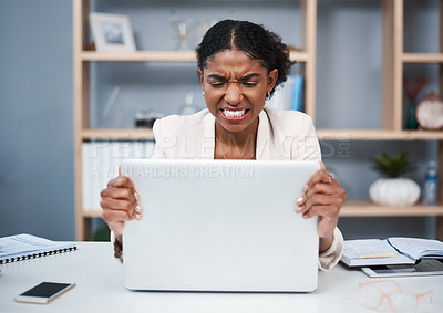 Buy stock photo Angry woman, frustrated with laptop glitch and stress, 404 and error with connectivity or software problem. Burnout, overworked and technology fail with professional female person in crisis in office