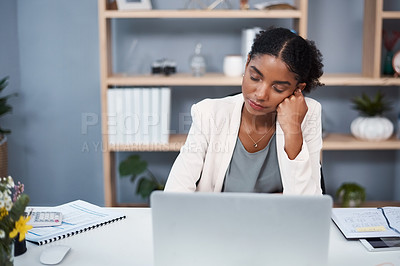 Buy stock photo Black woman, desk and sleep with laptop, paperwork and burnout in financial administration. Fatigue, audit and overworked businesswoman with budget planning, exhausted or tired with online tax report
