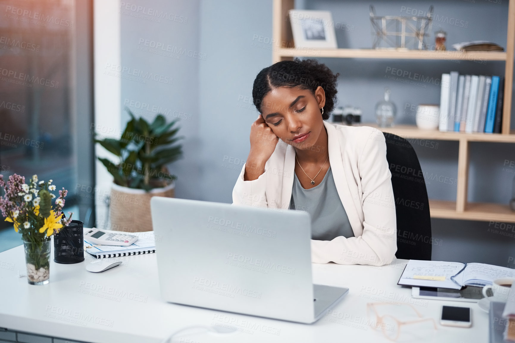 Buy stock photo Black woman, office and sleep with laptop, paperwork and burnout in financial administration. Fatigue, audit and overworked businesswoman with budget plan, exhausted or tired with online tax report