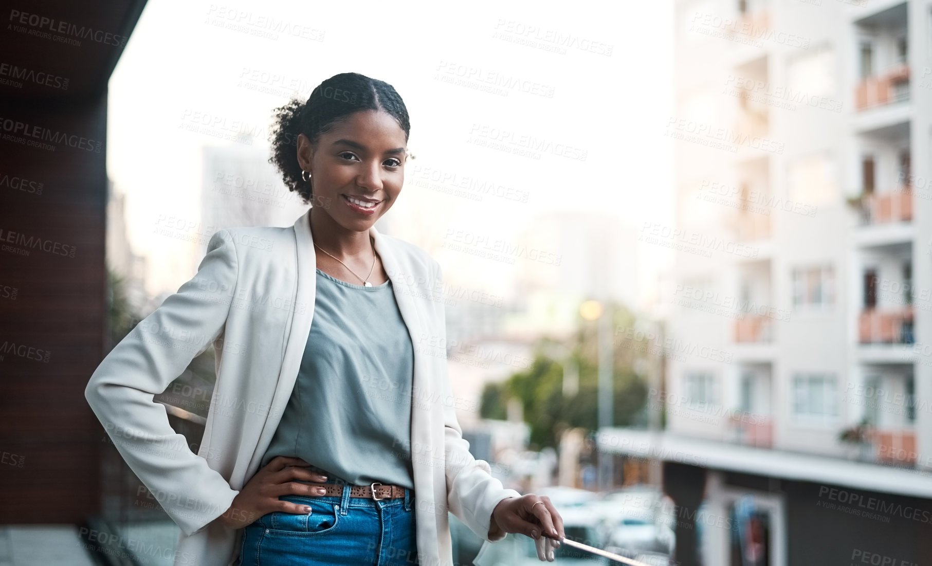 Buy stock photo City, balcony and portrait of business black woman with confidence, company pride and startup ideas. Professional, office and person in urban town for career, job and working by modern building