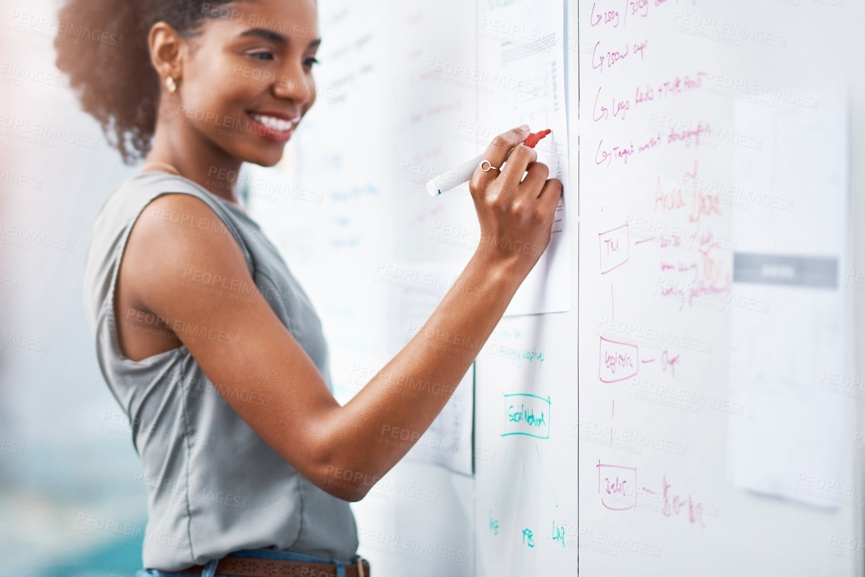 Buy stock photo African businesswoman and project manager planning a marketing strategy and brainstorming ideas on a whiteboard for her presentation. Black entrepreneur creating schedule and plan for success