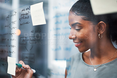 Buy stock photo Business woman, brainstorming ideas on glass board and writing, sticky note with strategy and employee with smile. Face, storyboard and notes with planning, schedule and happy female professional