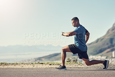 Buy stock photo Black man, stretching and outdoor with workout, exercise and runner or training for future sports competition. Athlete, lunges and road for fitness, health and running with stopwatch or music