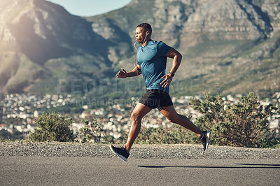 Buy stock photo Black man, running and outdoor with workout, exercise and motivation or training for future sports competition. Athlete, jog and road for fitness, health and performance with stopwatch or music