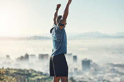 Buy stock photo Victory, workout and black man in nature, outdoor and  exercise for peace, training and fitness. Summer, winner and athlete on hill, excited and sport for person, healthy and muscle in weekend