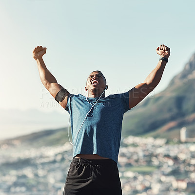 Buy stock photo Cropped shot of a handsome young male runner outdoors