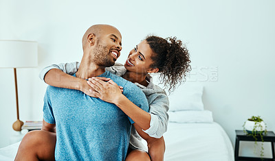 Buy stock photo Cropped shot of an affectionate young couple in their bedroom
