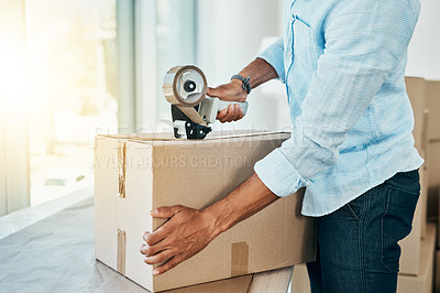 Buy stock photo Hands, packing and tape boxes for moving with new start, property investment or relocation to dream home. Person, real estate or seal cardboard for immigration, mortgage or rental apartment furniture