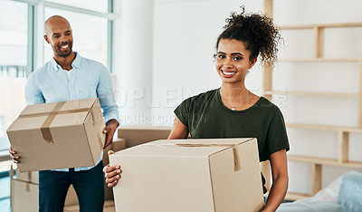 Buy stock photo Portrait of a couple young carrying boxes while moving house