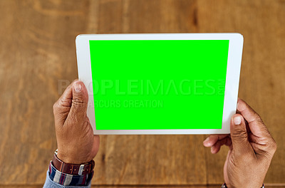 Buy stock photo Green screen, hands and business person with tablet for research, technology and communication. Networking, internet and connection with closeup of employee in office for mockup space and chroma key