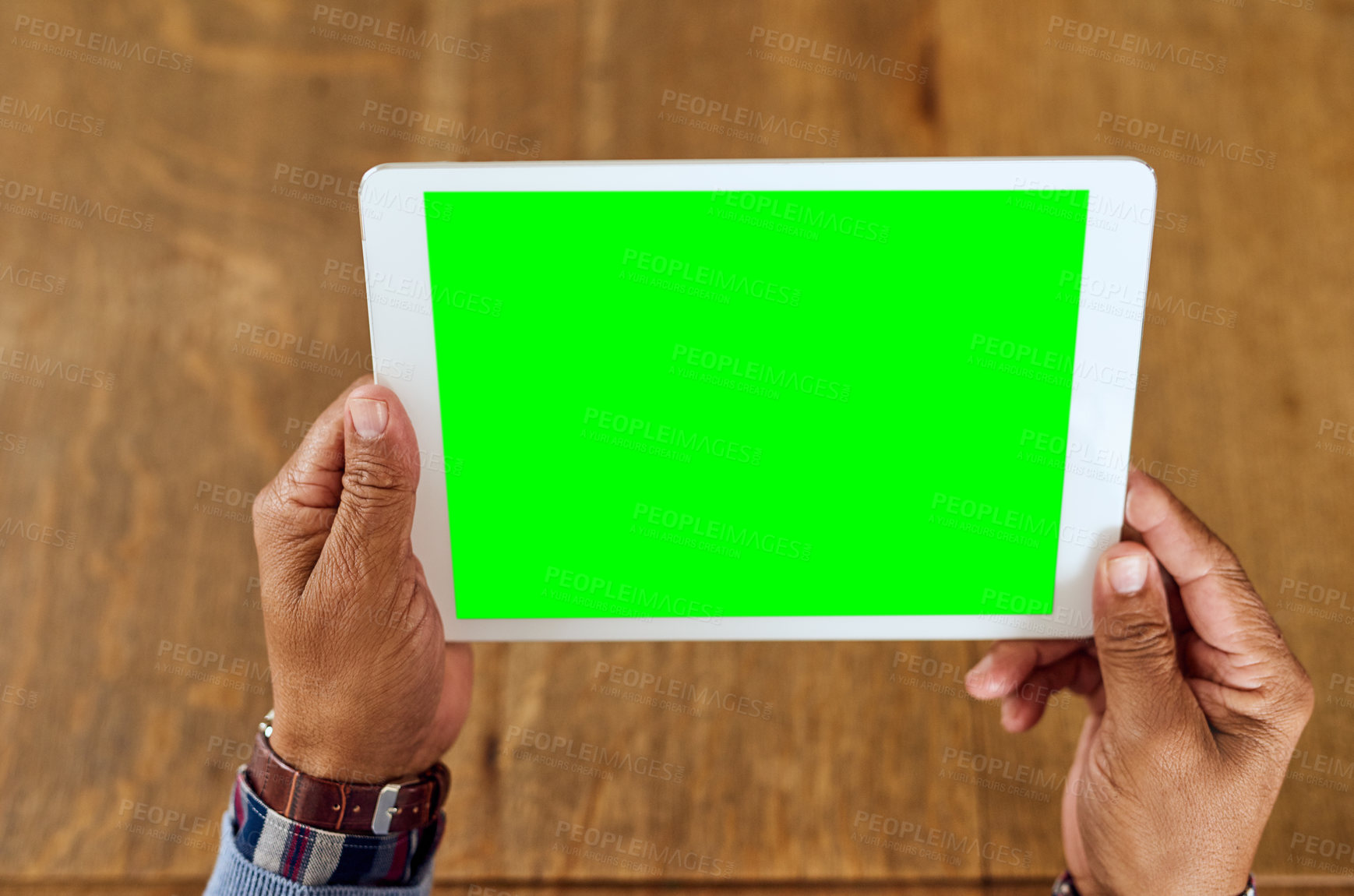 Buy stock photo Closeup shot of an unrecognizable senior man holding a digital tablet with a green screen
