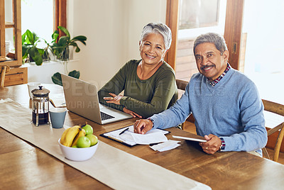 Buy stock photo Portrait, budget and senior couple with bills, paperwork and finance documents for life insurance. Retirement, planning and happy elderly man and woman on laptop for pension, payment and investment