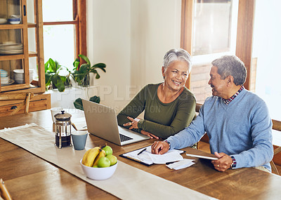 Buy stock photo Finance, laptop and happy senior couple with bills, paperwork and documents for life insurance. Retirement, pension and elderly man and woman on computer for mortgage payment, investment and budget