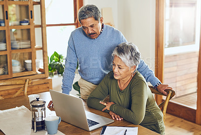 Buy stock photo Finance, budget and senior couple on laptop with bills, paperwork and documents for life insurance. Retirement, pension and elderly man and woman on computer for mortgage payment, investment and tax