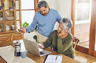 Buy stock photo Finance, stress and senior couple on laptop with bills, paperwork and documents for life insurance. Retirement, pension and elderly man and woman with doubt for mortgage payment, investment or budget