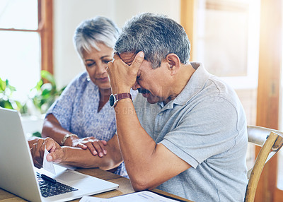 Buy stock photo Debt, stress and senior couple with finance bills, paperwork and insurance documents on laptop. Retirement, anxiety and elderly man and woman worry for mortgage payment, investment and budget at home