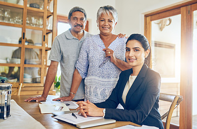 Buy stock photo Finance consultant, budget and portrait senior couple with bills, paperwork and insurance documents. Retirement, financial advisor and elderly man and woman for pension loan, payment and investment