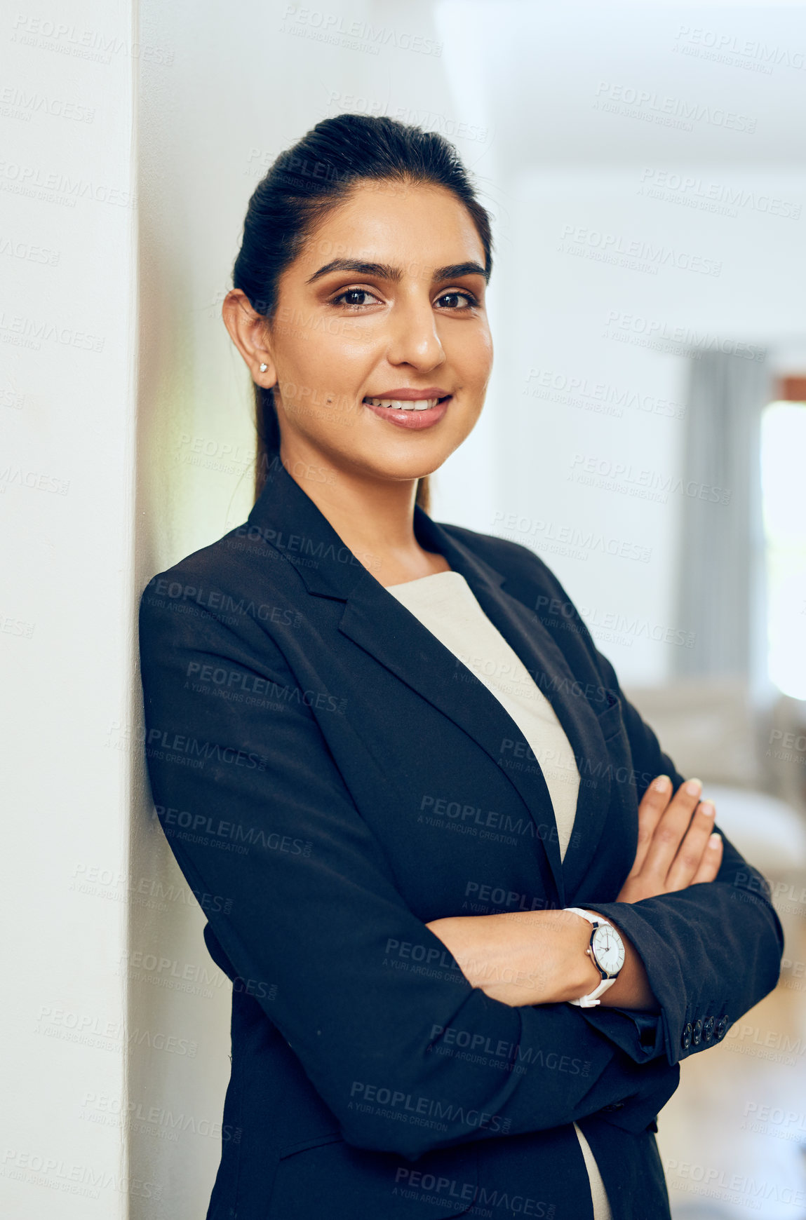Buy stock photo Business woman, office portrait and arms crossed of a lawyer employee at a law firm. Vision, company worker and female person with confidence and proud from professional attorney job and work success