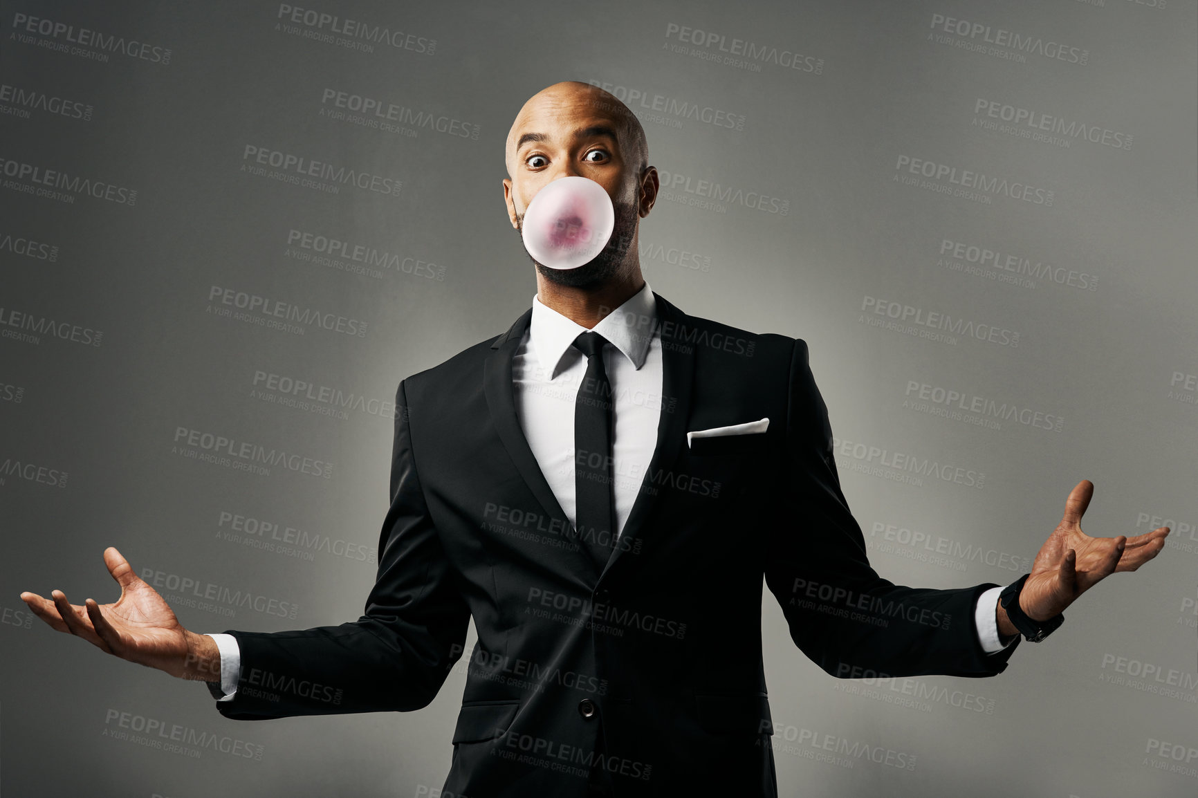 Buy stock photo Portrait, bubblegum and confused business man, surprise or question on gray studio background. Face, blow gum and African person in suit for fashion with shock emoji, playful or shrug palm for choice