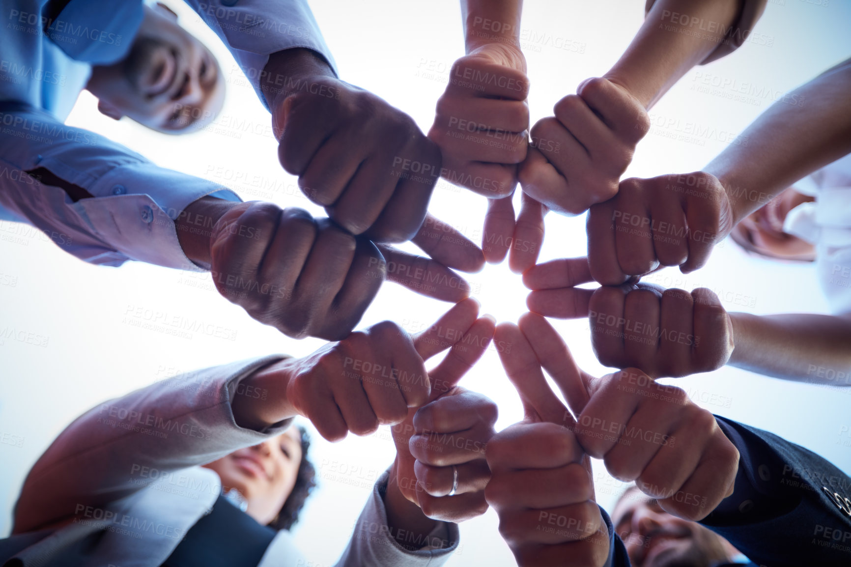 Buy stock photo Thumbs up, group or hands in circle with low angle, motivation or approval in positive feedback. Collaboration, synergy or people with yes gesture, employee encouragement or achievement in teamwork.