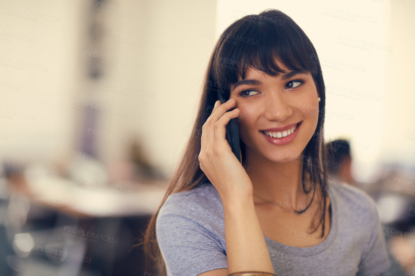 Buy stock photo Phone call, smile and woman with contact in office, news investigation and listen to witness account. Space, interview source or journalist with mobile for questions, info verification or story facts