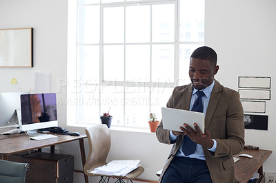 Buy stock photo Business, black man and tablet in office for planning, connection and internet research in agency. Happy male worker, digital technology and scroll website for online information, insight and app 