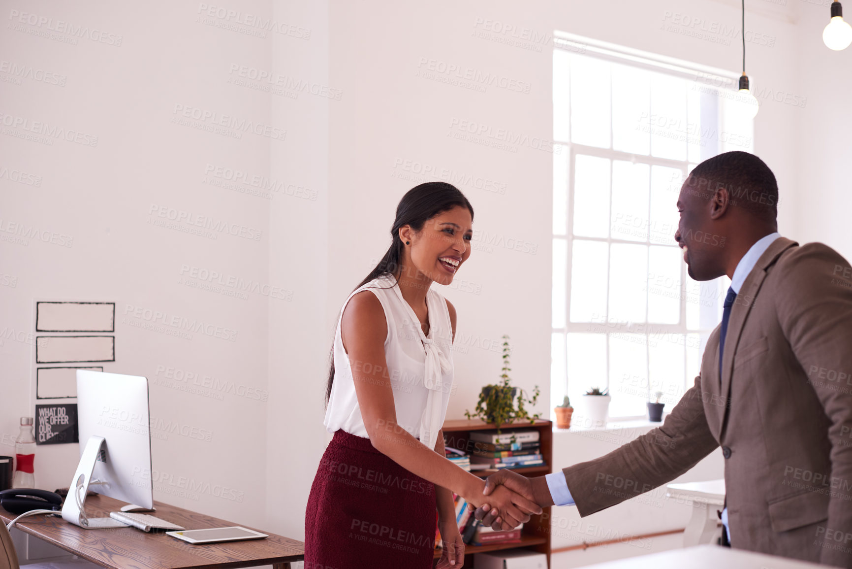 Buy stock photo Happy woman, business people and handshake for partnership, trust and thank you with mockup. Employees shaking hands for success, collaboration and support of b2b networking, welcome and hiring deal