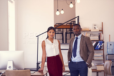 Buy stock photo Portrait, serious people and team in office for collaboration, professional commitment and pride about us with mockup. Focused african man, woman and confident employee partnership in business agency