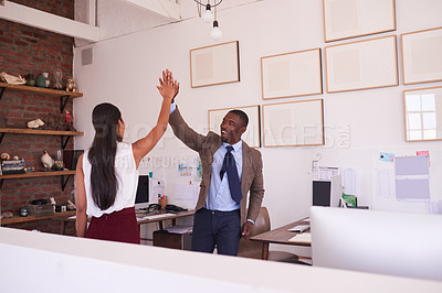 Buy stock photo Happy business people, high five and success for teamwork, winning celebration and office collaboration. Employees, excited black man and celebrate partnership, achievement and motivation of mission