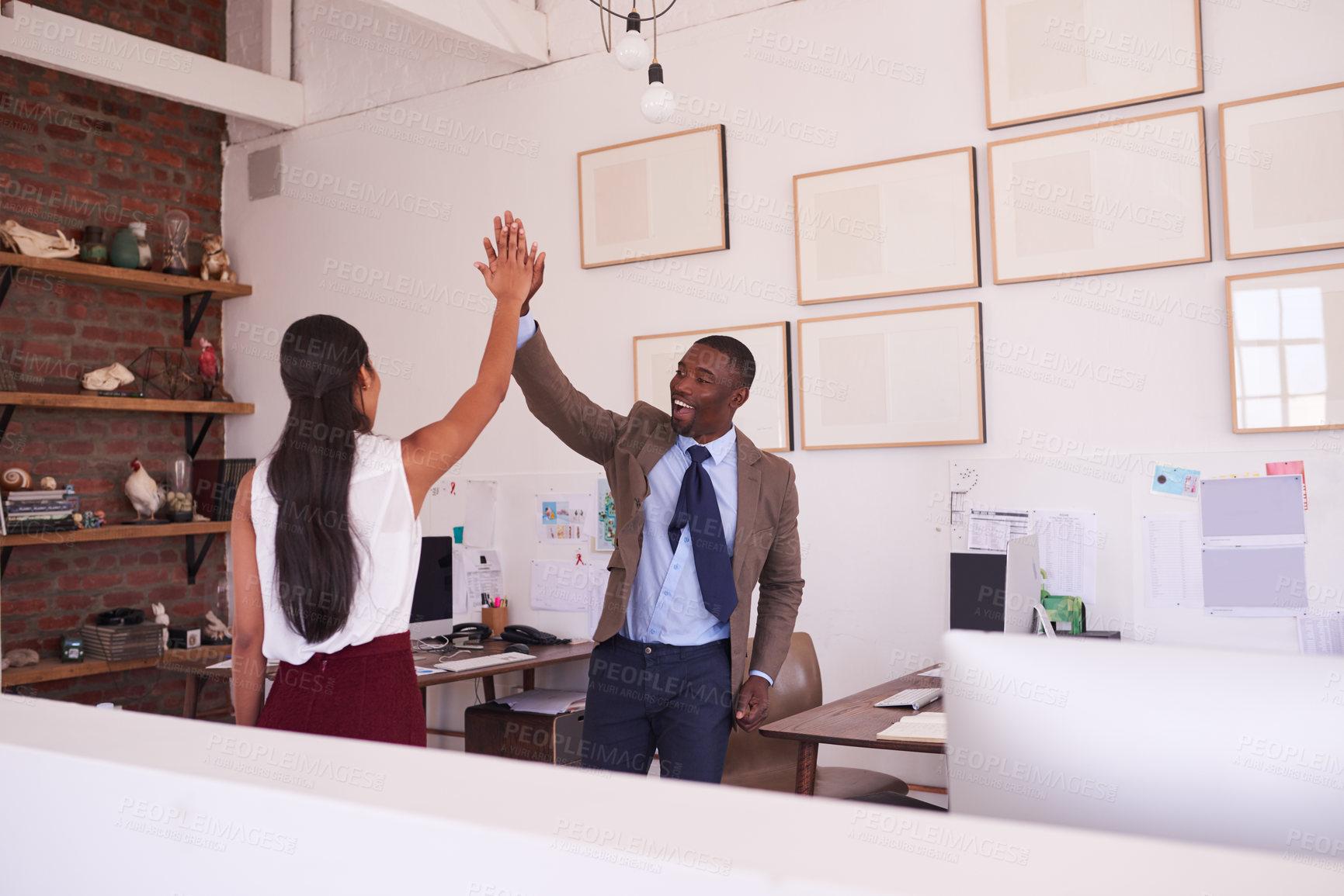 Buy stock photo Happy business people, high five and success for teamwork, winning celebration and office collaboration. Employees, excited black man and celebrate partnership, achievement and motivation of mission