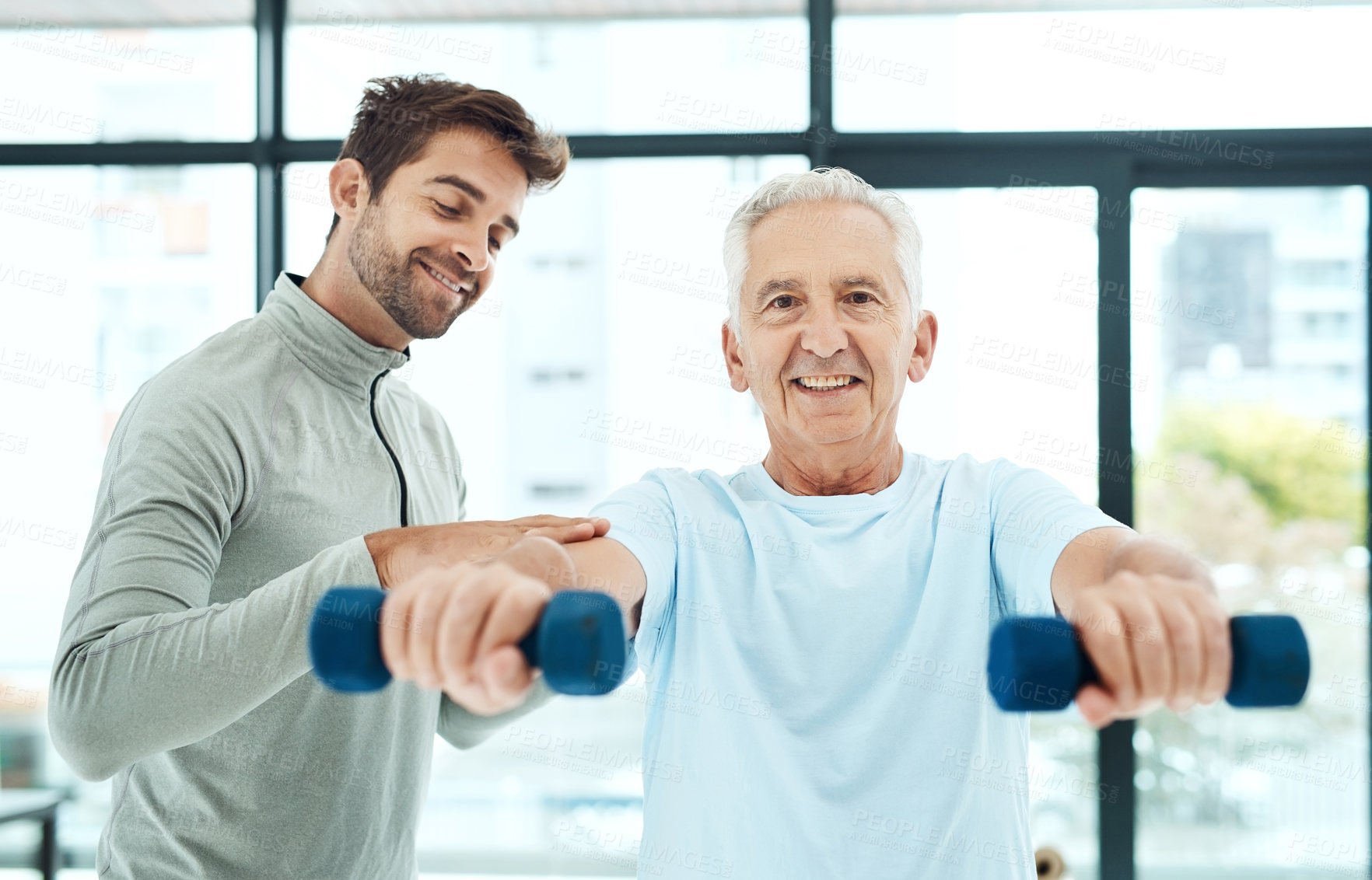 Buy stock photo Senior, man and portrait with dumbbell or physiotherapist for physical therapy, mobility exercise and arthritis management. Geriatric physiotherapy, arm and stretching for rehabilitation and recovery