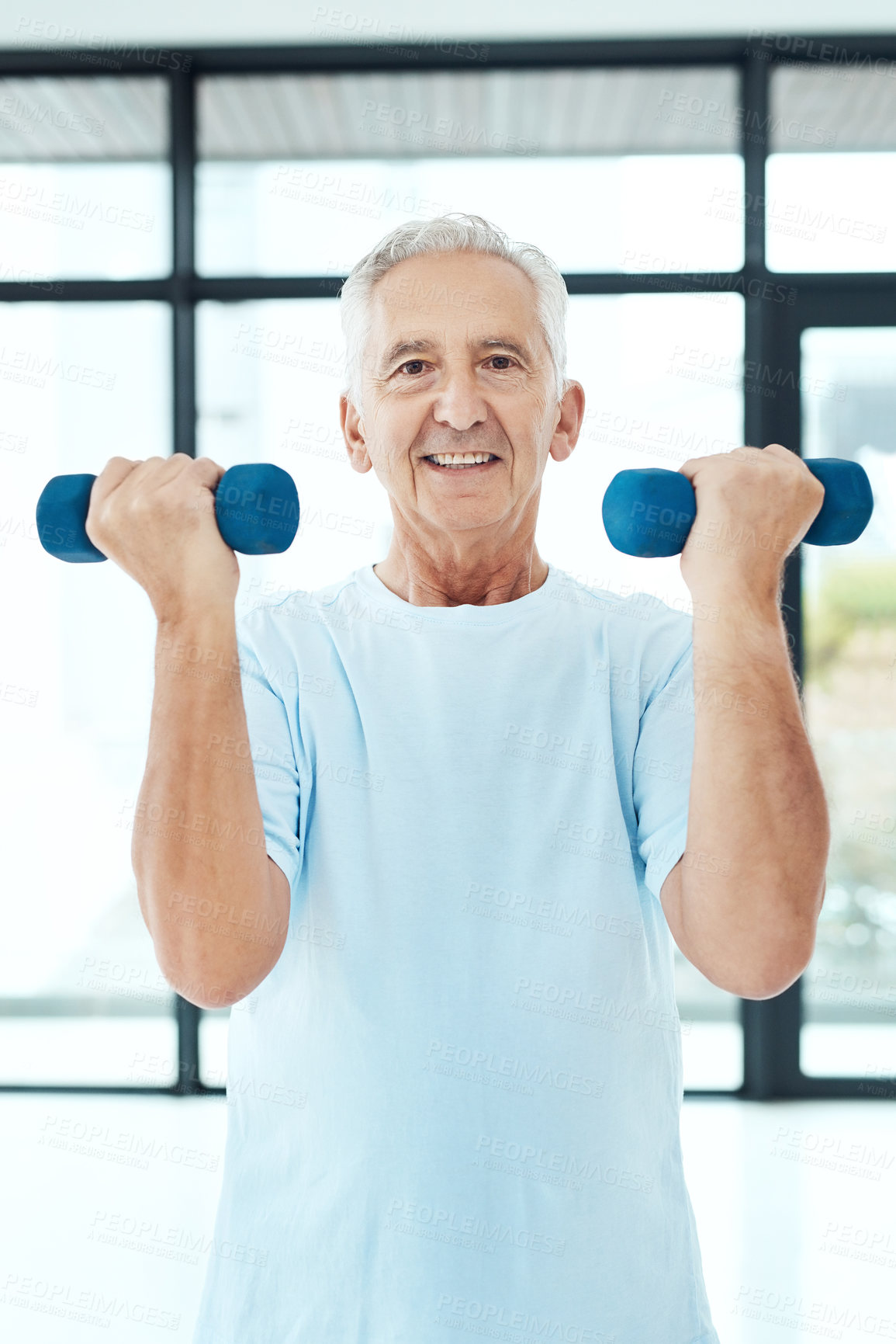 Buy stock photo Fitness, portrait and senior man with dumbbells in clinic for physiotherapy, rehabilitation or wellness. Health, strength and elderly person with weights for mobility training, recovery or exercise