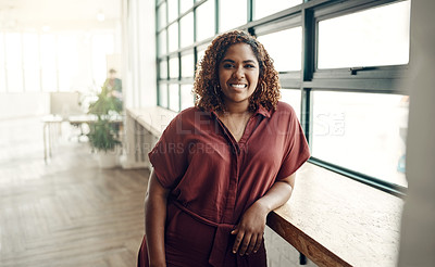 Buy stock photo Business, smile and portrait of woman at office window, creative startup and project for entrepreneur at design agency. Proud boss with creativity, job ideas and focus, businesswoman in workplace.