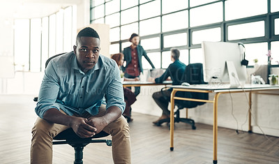 Buy stock photo Portrait of black man, leadership and startup entrepreneur boss with creative ideas for business project. Leader with creativity, ideas and African businessman with pride in designer tech workspace.
