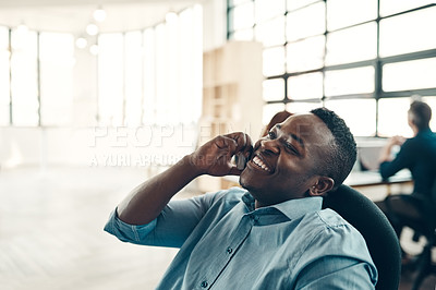 Buy stock photo Businessman, phone call and smile with discussion in office for b2b negotiation, client networking and consulting. African employee, fun consultation and advice or advisory in workplace with mockup