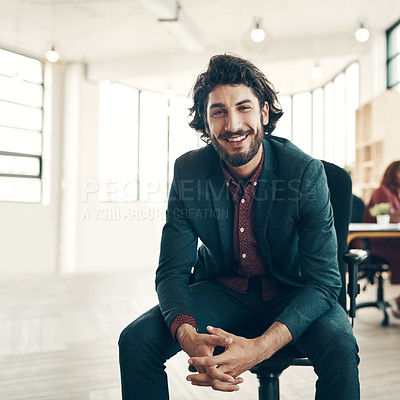 Buy stock photo Portrait, startup and smile, man in chair at office, creative ideas for business project or entrepreneur at design agency. Boss with creativity, idea and happiness, businessman with plan in workspace