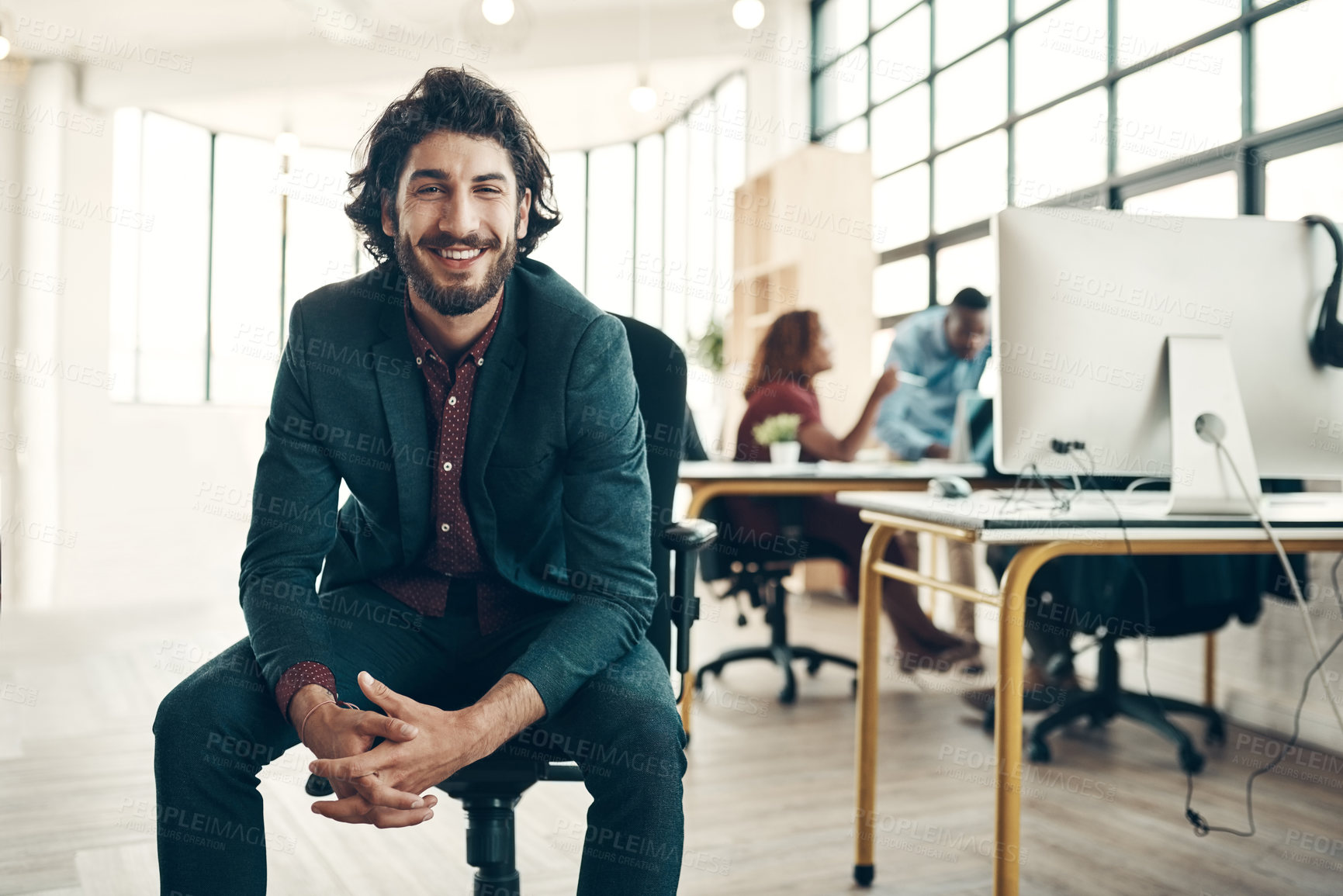 Buy stock photo Portrait, creative agency and smile, man in chair at office, new ideas for business and entrepreneur in tech design. Happy boss with creativity, idea and happiness, businessman with plan in workspace