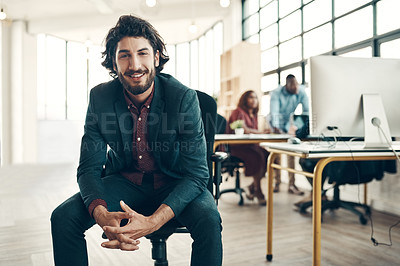 Buy stock photo Portrait, confidence and happy man in modern office, creative boss for business project or entrepreneur at design agency. Leader with creativity, idea and happiness, businessman in chair in workspace