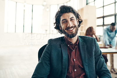 Buy stock photo Portrait, startup and happy man in office, start up business project and entrepreneur at design agency. Young boss with smile on face, businessman or professional leader in chair at startup company.