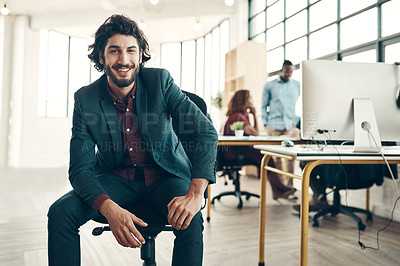 Buy stock photo Portrait, startup and office, happy man in chair and creative business project for entrepreneur at design agency. Boss, smile and happiness, successful young businessman or ceo in start up workspace