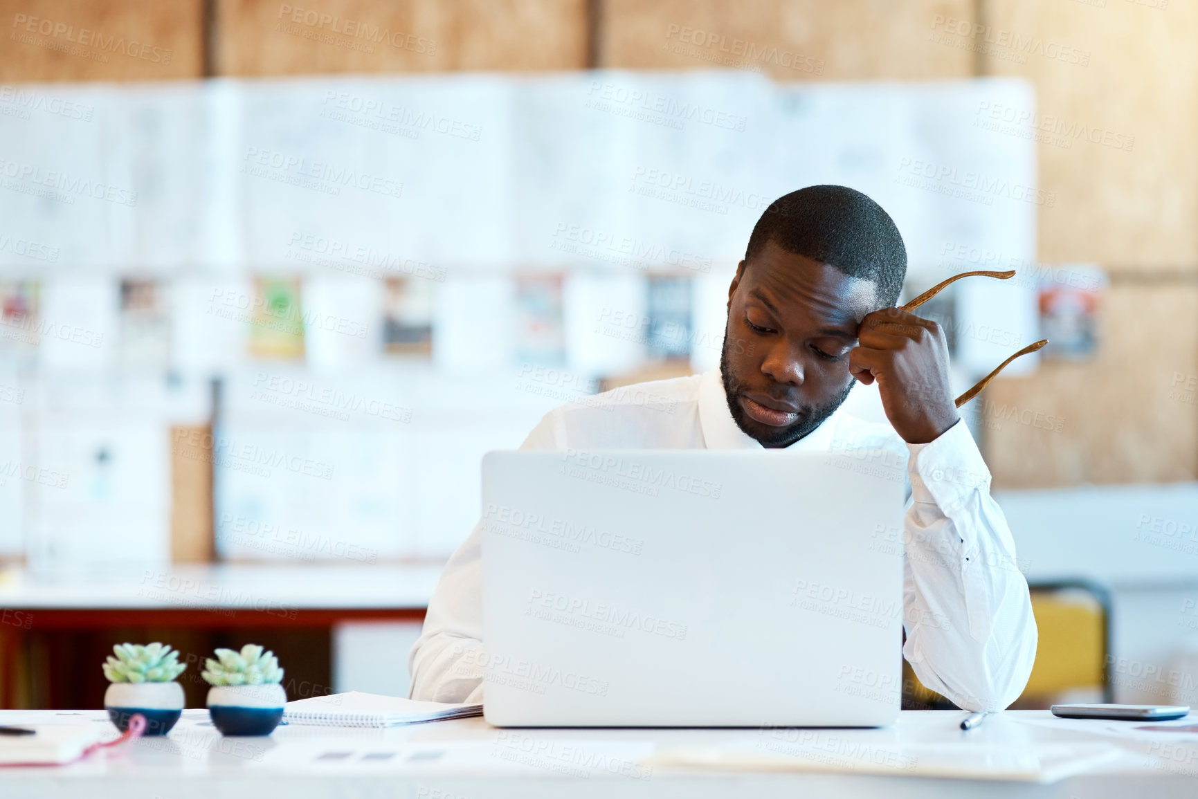 Buy stock photo Frustrated black man, laptop and headache with stress for financial crisis, debt or mistake at office. Tired African male person or accountant with migraine, overworked or anxiety in depression