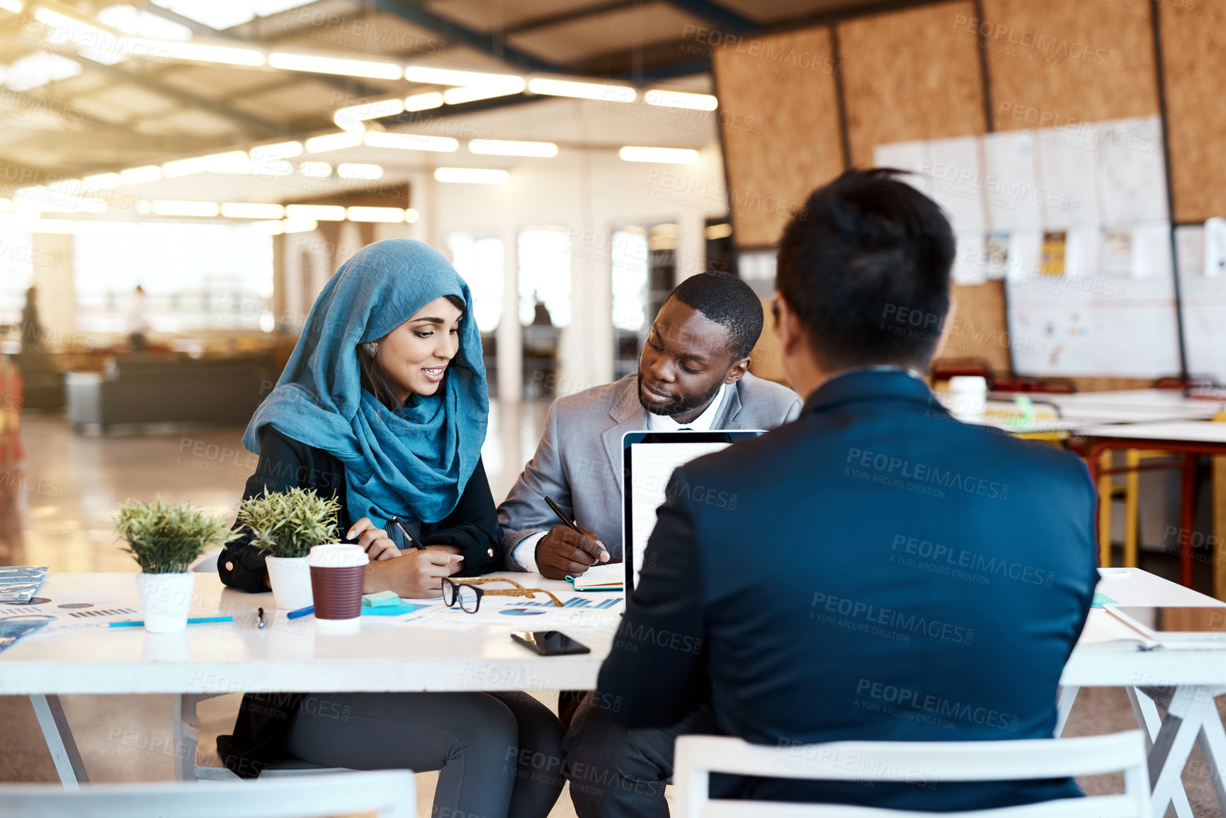 Buy stock photo Diversity, group and people for meeting in office with notebook, planning schedule and ideas of project. Islamic woman, men and laptop with communication for teamwork, brainstorming and proposal goal