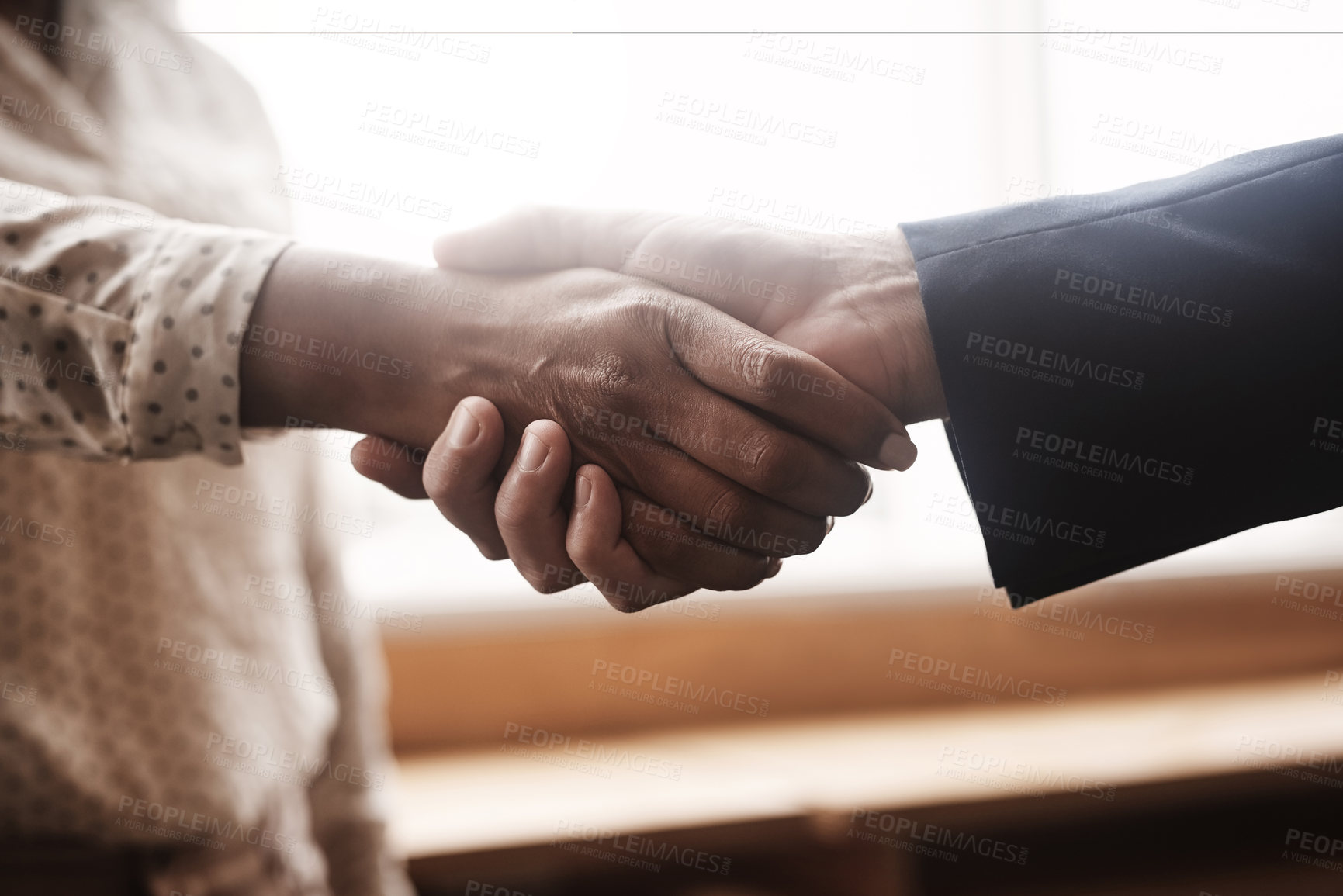 Buy stock photo Office, hand shake and business people with deal for teamwork, partnership and networking. B2b, hr agreement and professional employee with thank you, welcome and support in cooperation in workplace