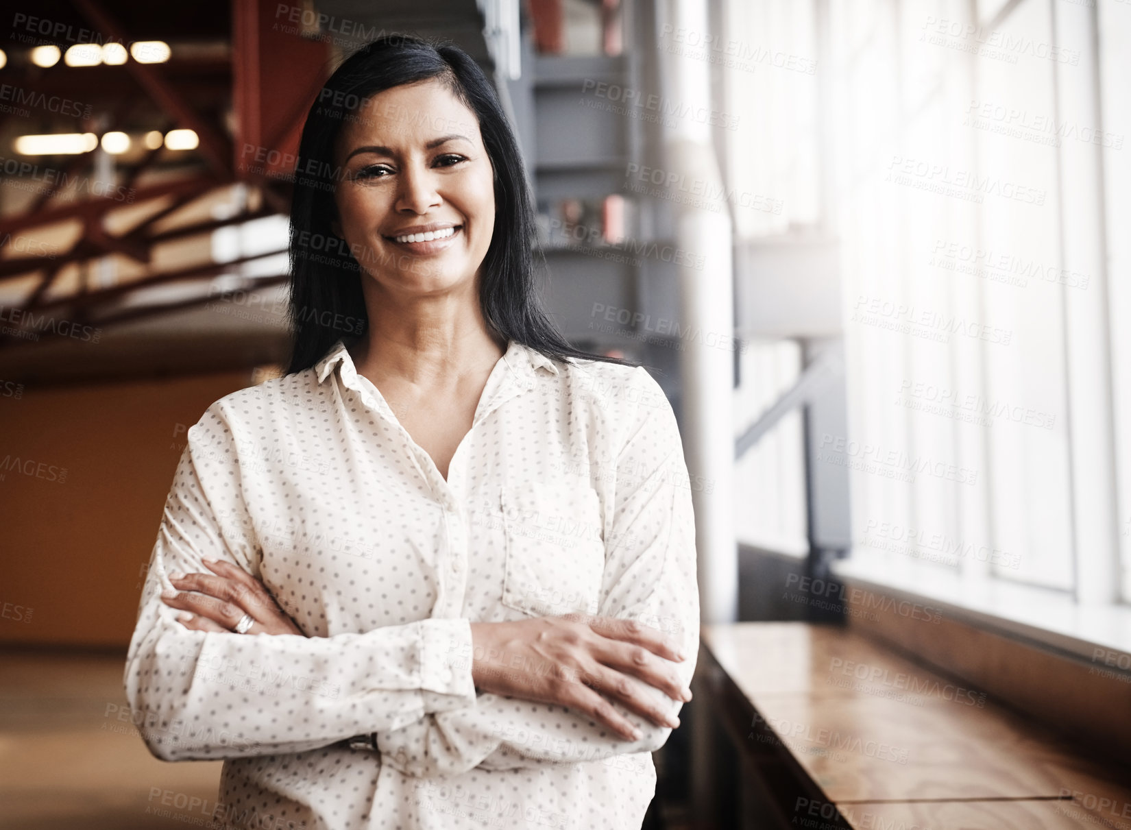 Buy stock photo Happy, crossed arms and portrait of business woman in office with confidence for creative career. Smile, pride and professional female designer with positive attitude for startup company in Colombia.