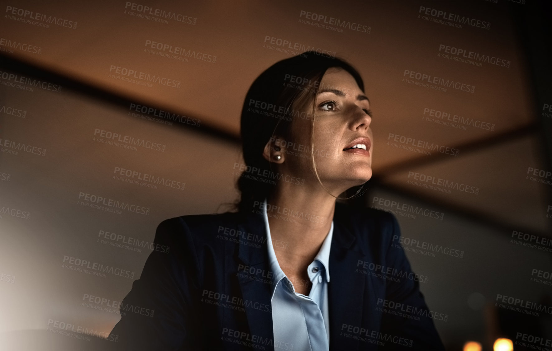 Buy stock photo Thinking, night work and woman in office problem solving, reading email or report at legal agency. Corporate overtime, ideas and internet research, female lawyer working late on proposal at law firm.