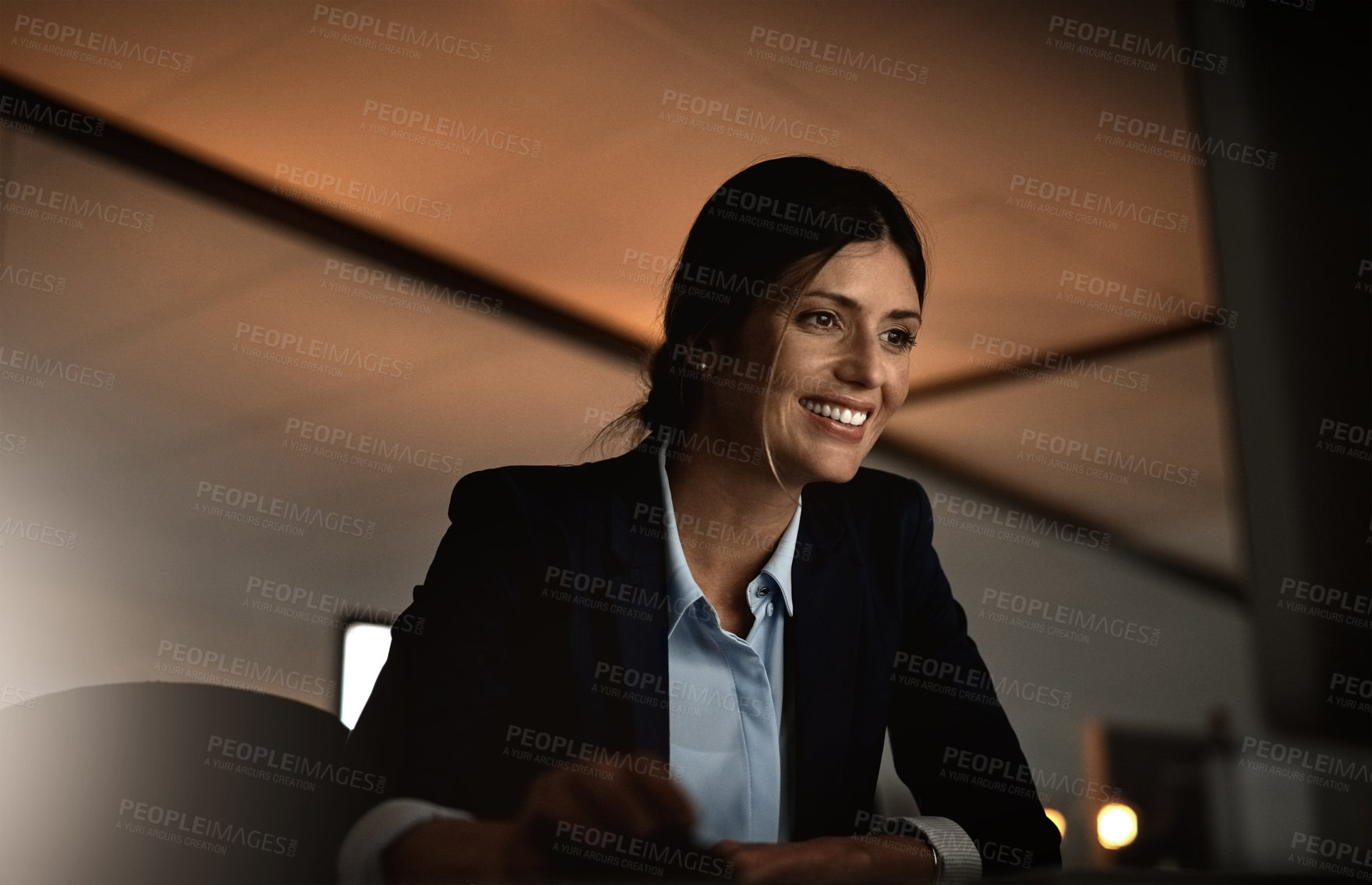 Buy stock photo Business woman, smile and computer monitor in office for career, online digital report and web project in late night. Professional editor and happy with tech and look at screen in internet research  