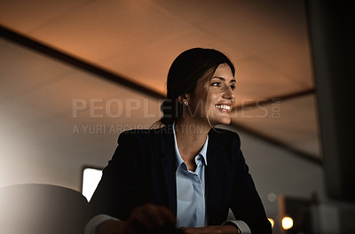 Buy stock photo Business woman, smile and tech in office for career, online digital report and web project in evening. Editor or journalist  and happy with computer for internet and email feedback for night shift